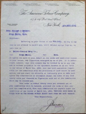 American Tobacco Company 1894 Letterhead: Great Falls, MT Drug Store,  Cigarettes
