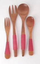 4 Fabric Wrapped Forks/Spoons Dinner Kit Natural Wood Hand Made