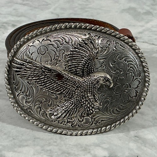 Vintage Argent Aigle Ceinture Boucle Avec 42 " Travaillé Cuir Ceinture - Photo 1 sur 12