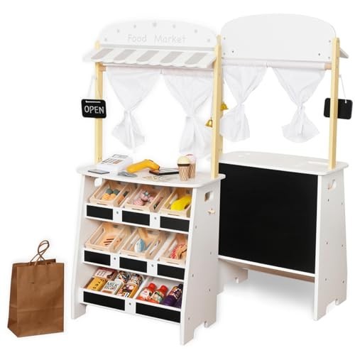 как выглядит Kids Grocery Store Playset - Wooden Supermarket Cart, Cash Register 26PCS Food фото