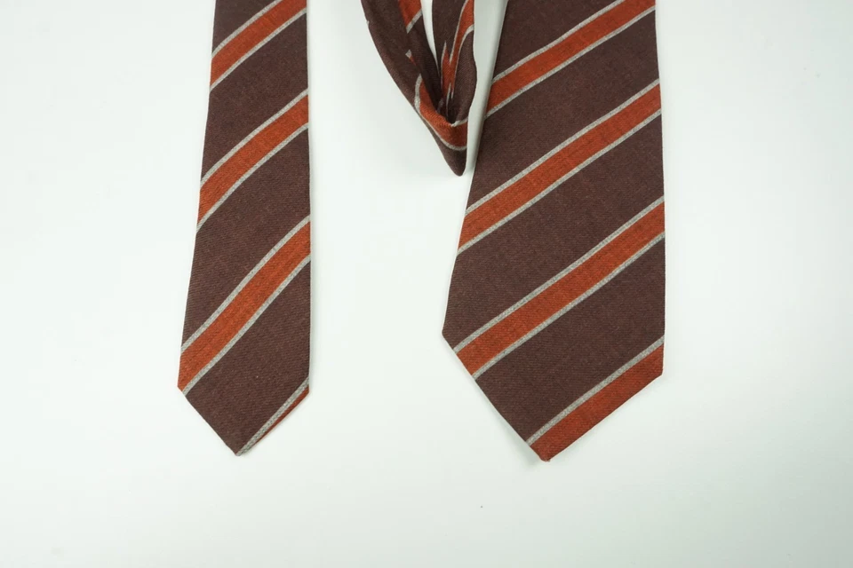 Kiton Hickory 棕色胡萝卜橙色条纹 100% 羊毛七折领带 意大利 全新 — 第 3/4 张图片