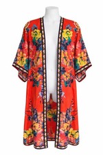 Flying Tomato Floral Kimono Cardigan Duster Boho Open Front Coral Red M/L