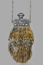 Antique Edwardian Beaded Fringe Bag Silver Tone Floral Frame c. 1900