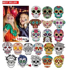 Fun 100 Pieces Day of the Dead Halloween Tattoos with Puppy Roses Designs