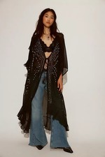 FREE PEOPLE So Billie Studded Duster One Size Black Edgy Long Bohemian Kimono