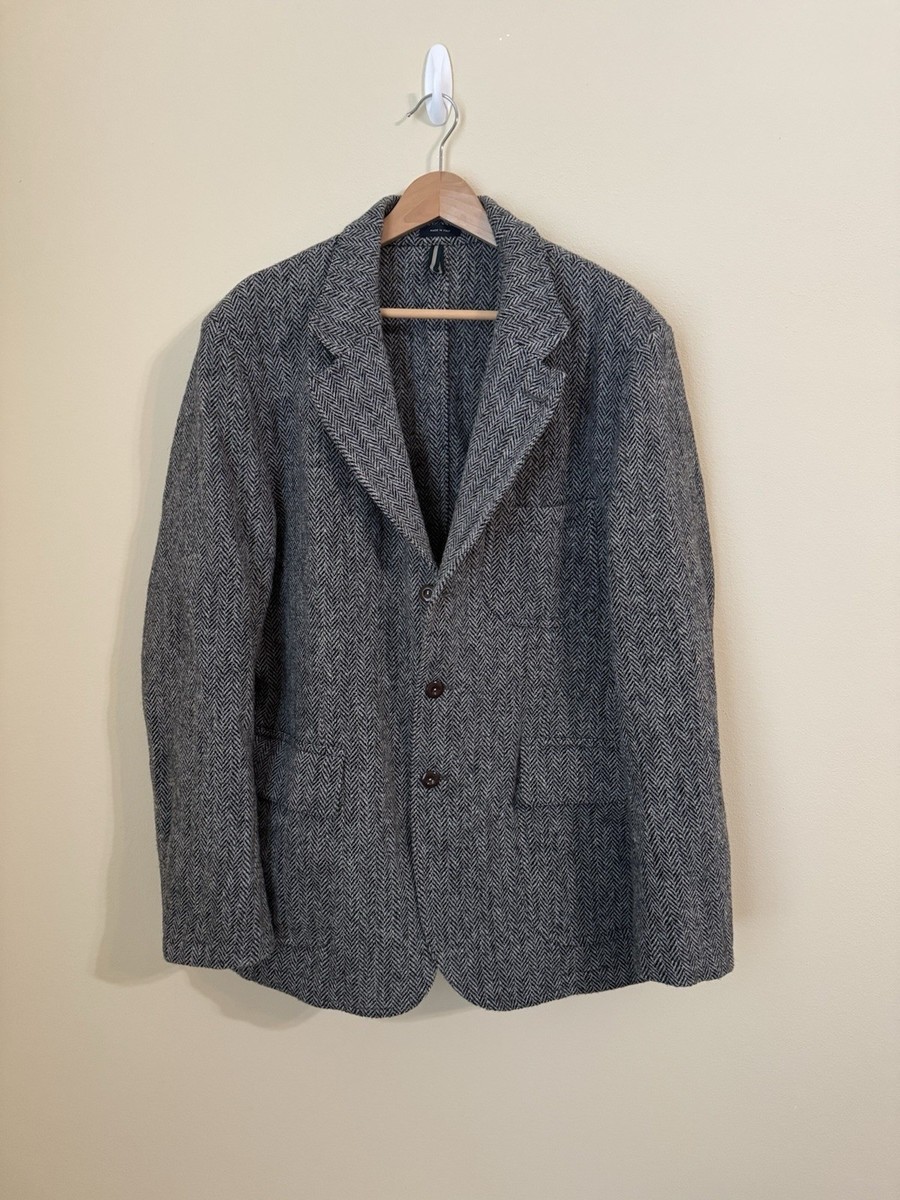 Drake’s London Herringbone Harris Tweed Games Blazer Jacket Grey Wool 46