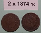 two x 1874 INDIAN HEAD US COPPER ONE CENT COINS one rates AG other VERY GOOD
