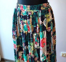 Vintage 90s Rayon Maxi Skirt: Colorful Abstract Floral Print, Elastic Waist