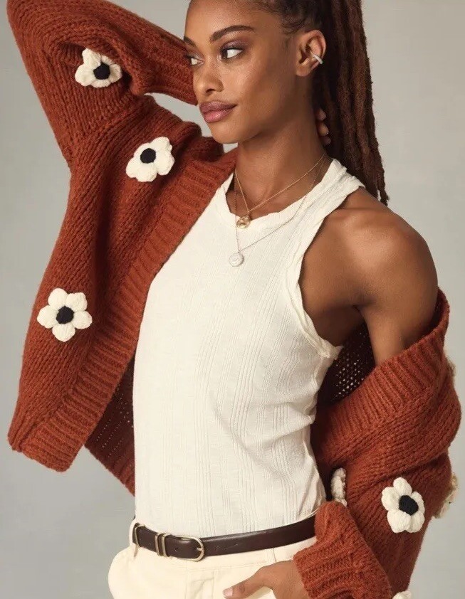 New Maeve x Anthropologie Chunky 3D Flower Knit O/S Med Brown