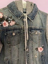 Mudd Embroidered Hooded Sweatshirt Jean Jacket Small NWT Distressed Country