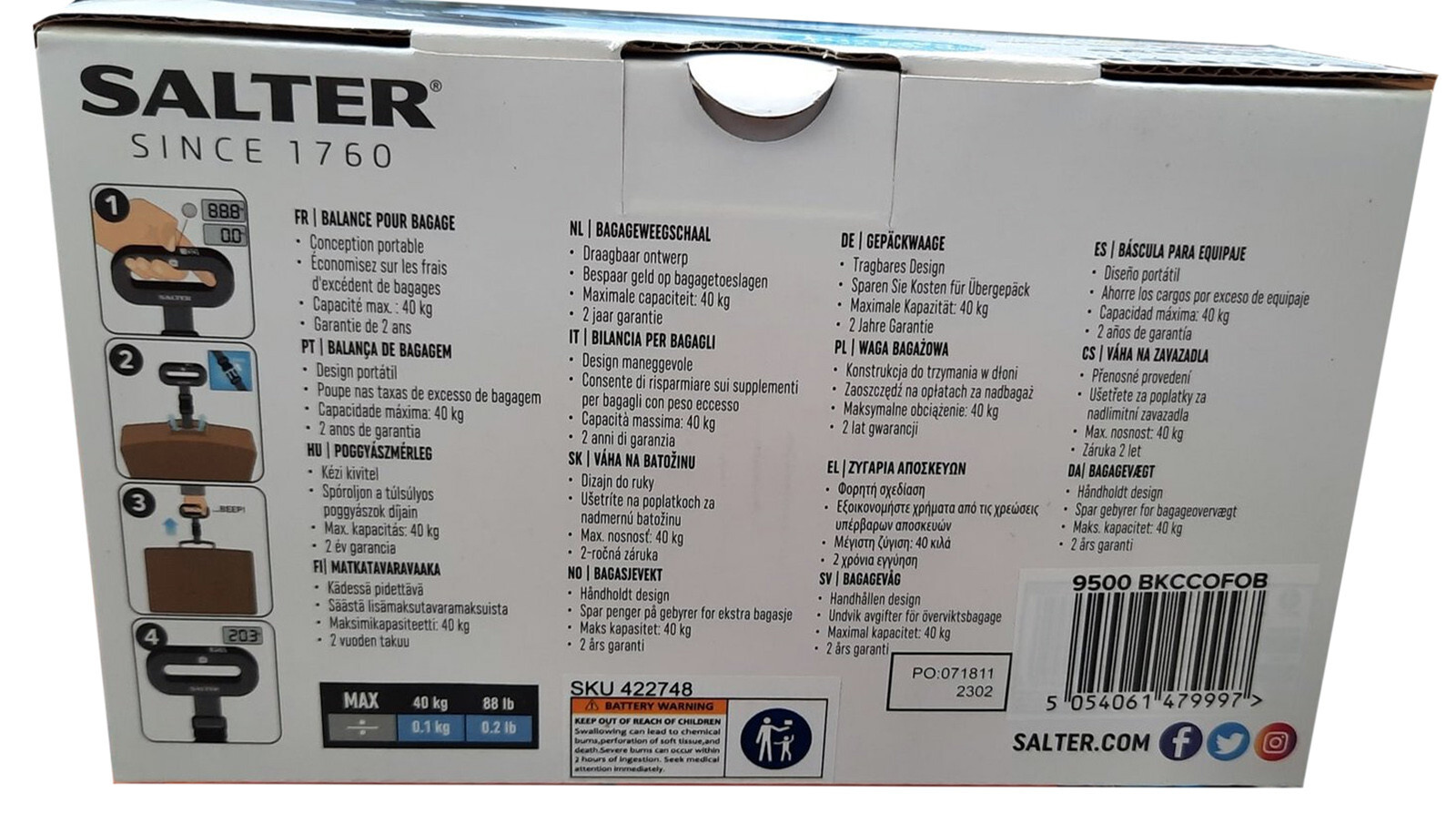 Salter Digital Luggage Scale Max Weight 40kg LCD Display Compact