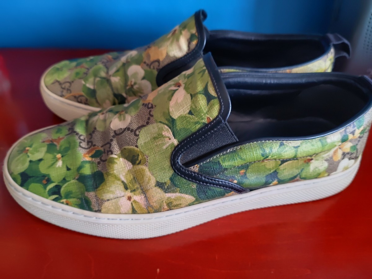Gucci Green Flower Print Slip On Sneakers AUTHENTIC Men's Size 9
