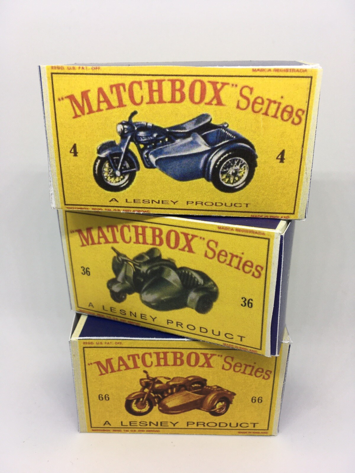 Matchbox Lesney New Storage ReproBox Set 4 Triumph 36 Scooter 66 Harley Davidson