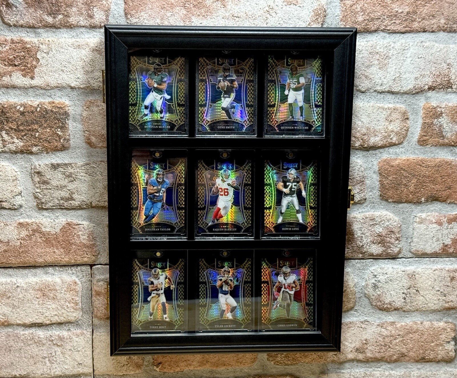 Black Lockable Wooden Trading Card Display Case Holds 9 Wall Mount Swing Open