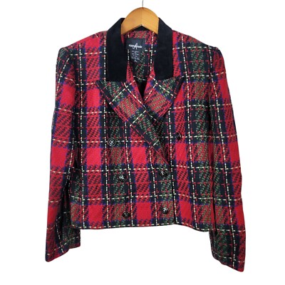 Vintage Sag Harbor Plaid Crop Blazer Jacket 12 Petite Red Velvet