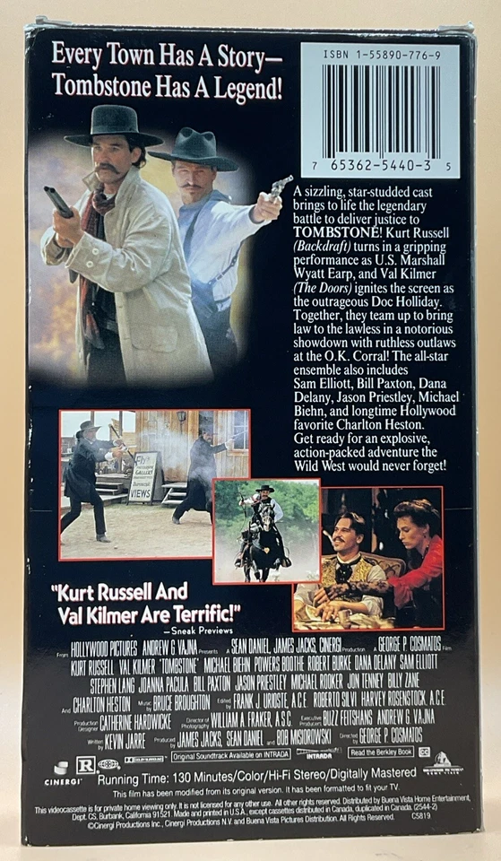 Tombstone VHS 1994 Kurt Russell Val Kilmer Acceptable-G Condition *Buy 2 Get 1* - Image 2 of 3