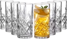 Kinsley Tall Highball Glasses Set of 8, 12 Ounce Cups, Textured Designer Glasswa