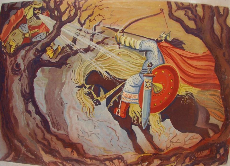 Ucraniano Soviético URSS Gouache Pintura Simbolismo Bogatyr Bylinas Caballero Jinete Foto 2 de 4