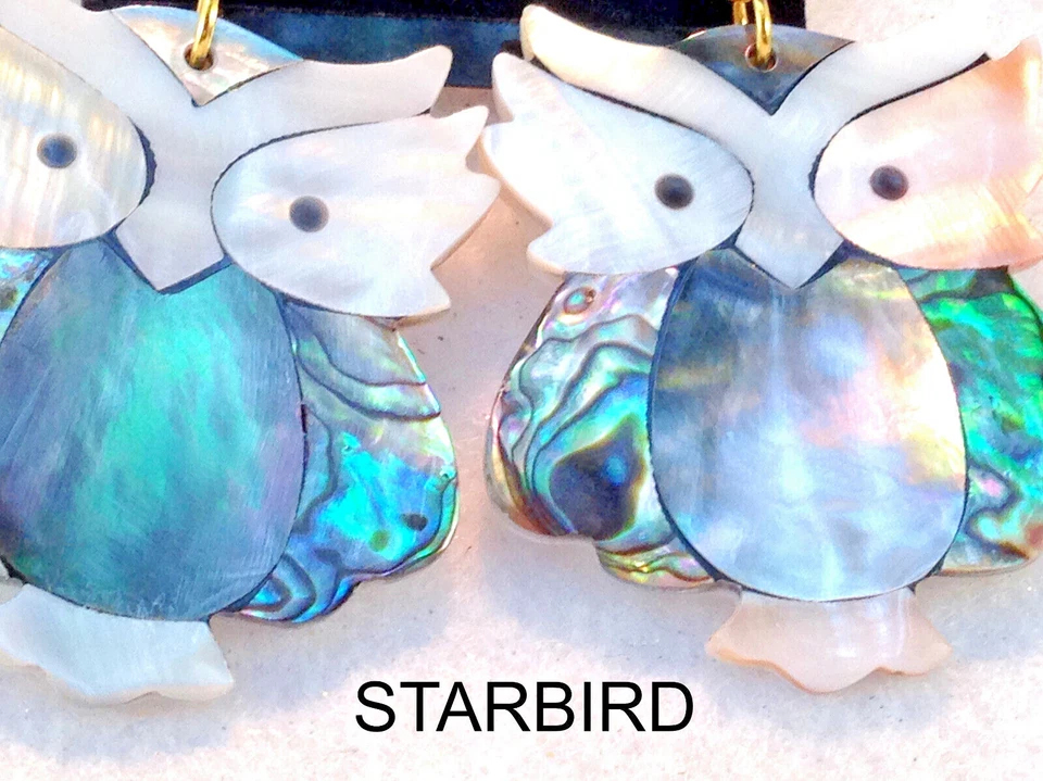 PENDIENTES O COLLAR COLGANTE ABULÓN, MADREPERLA CON INCRUSTACIÓN DE BÚHO Foto 4 de 4