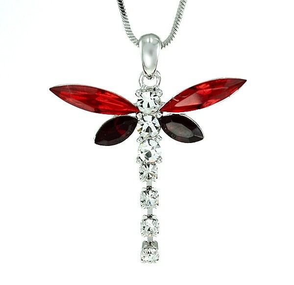 Swarovski Crystal Red Dragonfly Charm Pendant Necklace with 20 Inch Chain