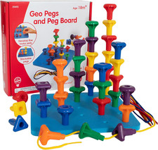 Edxeducation Geo Pegs and Peg Board Set - 36 Pegs in 3 Shapes and 6 Colours + 3