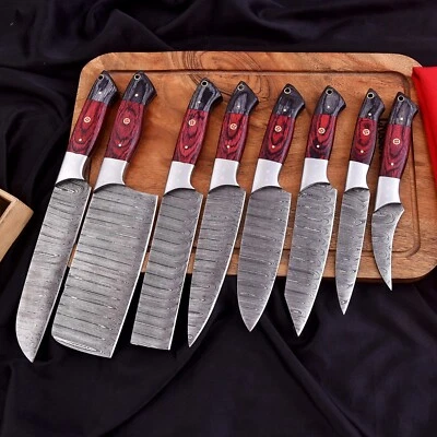 AJ SANITY 8 Pieces Handmade Forged Damascus Steel Chef Knives Kitchen Knife