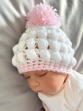 Brand New hand made crochet baby hat, White And Pink with pom pom for New Born