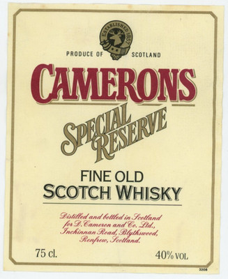 1960s-70s Cameron's Special Reserve Scotch Whisky Label #KI