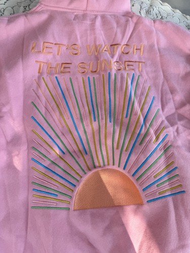 Felpa con cappuccio rosa Dandy Worldwide nuova con etichetta Let’s Watch the Sunset cucita grande