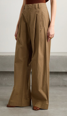 BRUNELLO CUCINELLI Brown Loose Pleated Cotton Poplin Trousers Sz 8 NWT