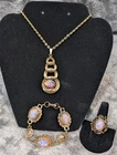 Vintage Costume Jewelry 3 Pc Set Gold Tone Foil Glass Fire Opal Cabachon
