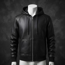 Men's Black Genuine Leather Hooded Jacket Zip Up Winter Motorcycle Coat