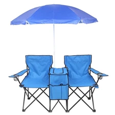 Folding Picnic Double Chair & Umbrella Table Cooler Folding Camping Beach Blue