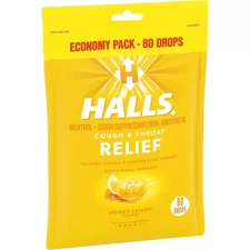 Halls Menthol Cough Drops Triple Soothing Action Honey-Lemon 80 Count Pack of 2