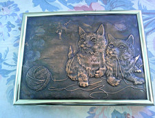 Vintage Cats Metal Art Hand Embossed Hammered Copper Kittens Yarn Robust Frame