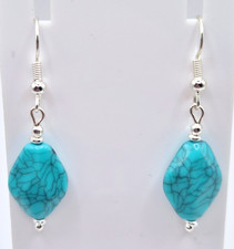 TURQUOISE DIAMOND SHAPED BEADED HOOK EARRINGS 4.5CM DROP E698