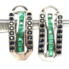925 Sterling Silver 2 x 2 MM. Green Emerald Blue Sapphire Earrings