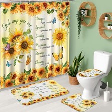 4 PCS Bathroom Shower Curtain Sets Sunflower Bathroom Set Yellow Shower Curta...