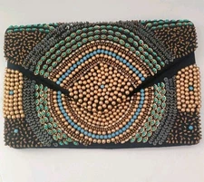 CAPELLI New York Beaded Clutch Bag Gold Turquoise Artsy Edgy Boho Magnet New