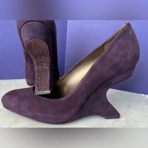 Stuart Weitzman Studded Concorde Grape Suede Leather Wedge Heel Shoes US 9 NEW! - Picture 11 of 14