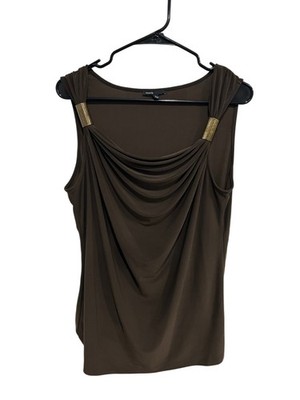 Chaus Brown Sleeveless Drape Neck Top Gold Accents Size Large Elegant Chic
