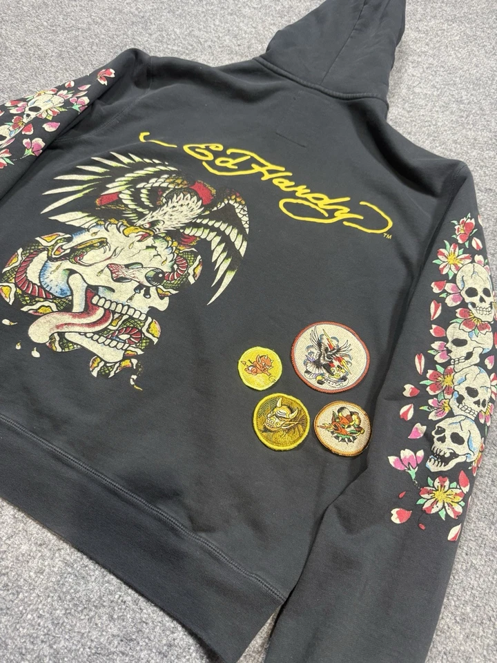 Y2K винтажный редкий Ed Hardy вышитая нашивка вишневый цветок череп молнии куртка - Изображение 2 из 4