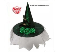 Classic Fabric Green Witch Hat with Feathers Roses  Netting Halloween