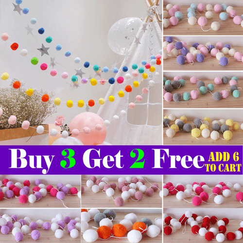 2m Wool Colourful Pom Pom Felt Balls Wall Garland Hanging Bunting Tree Fireplace Ebay