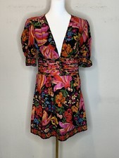 FARM RIO Spring Banana Floral Mini Dress Pleated V-Neck Black Sz XS NWT $190