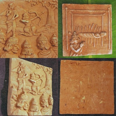 Handmade terracotta tiles depicting scenes of Mahabharat 15.2cm(5.9'') set of 2