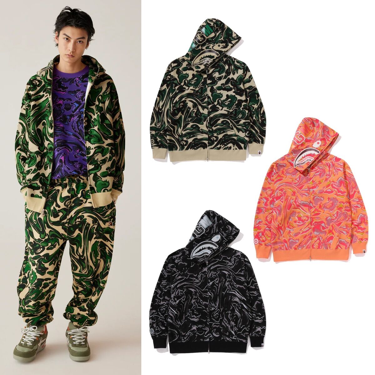 A BATHNIG APE Men's MARBLING CAMO SHARK RELAXED FIT FULL ZIP A BATHNIG APE Men's MARBLING CAMO SHARK RELAXED FIT FULL ZIP