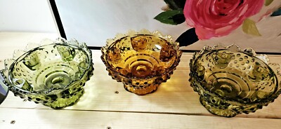 Lot Of 3 Vintage Fenton Hobnail Glass Pedestal Candle Bowls