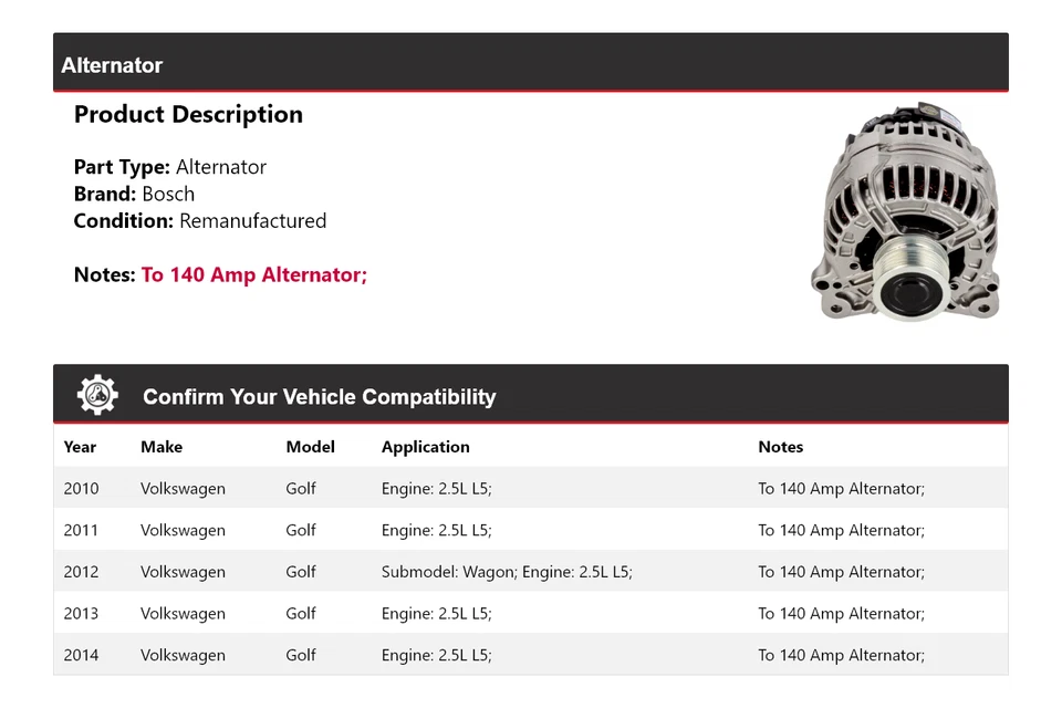Para 2010-2014 Volkswagen Golf 2.5L L5 Bosch Alternador (Remanufaturado) 2011 - Imagem 2 de 4