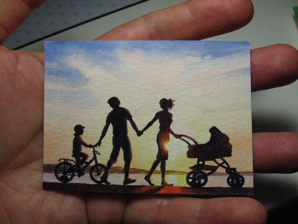 Watercolor Painting Family Mom Dad Bicycle Baby Carriage Sunset Nature ...